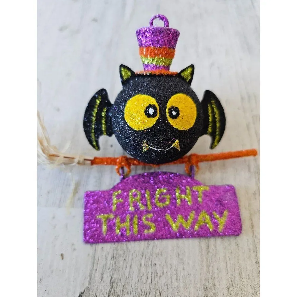 Pier 1‎ glitter owl ornament Halloween fright broom rare vintage décor
